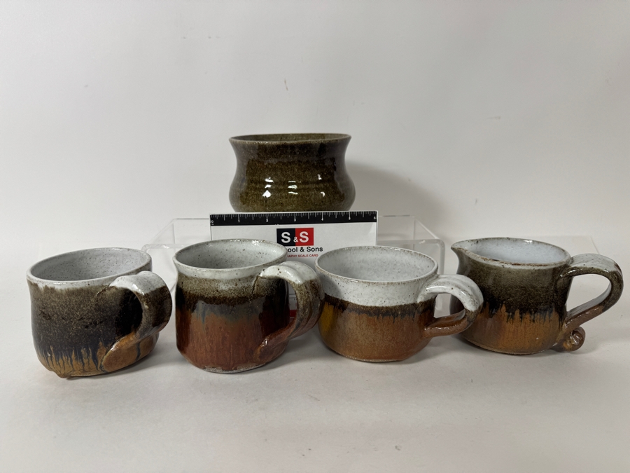 Just Added - Vintage M. De Santis Five-Piece Hand-Thrown Stoneware Coffee Set With Creamer And Bowl In Drip Olive Green And Tenmoku Amber Glaze [Photo 4]