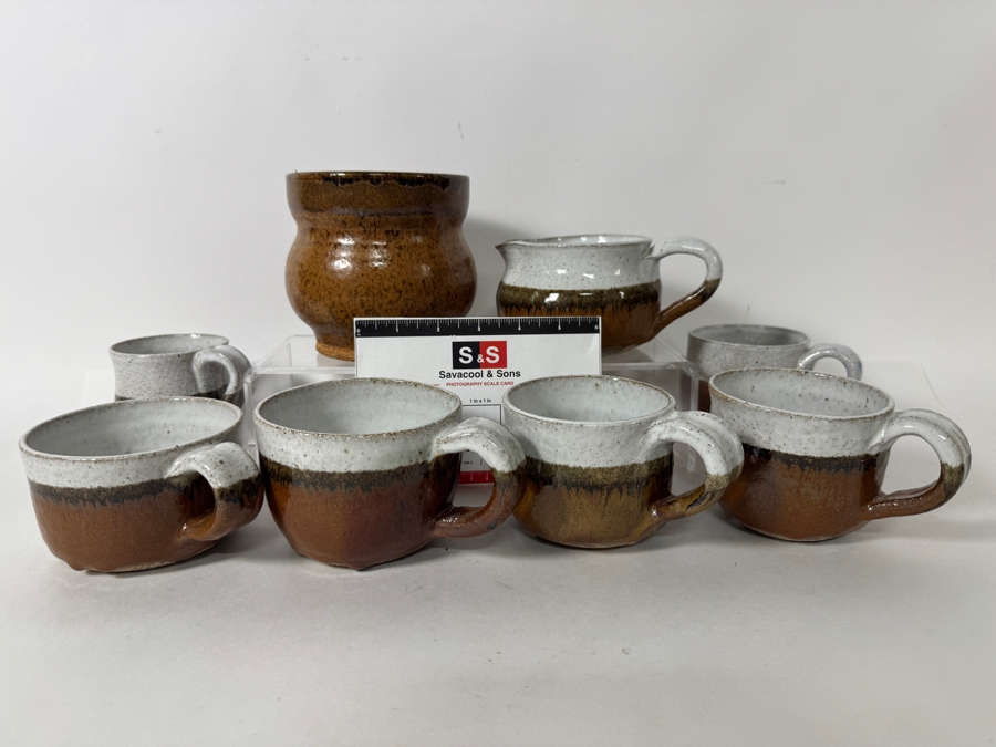 Just Added - Vintage M. De Santis Eight-Piece Hand-Thrown Stoneware Tea Coffee Set With Creamer And Bowl In Drip White Cream And Toffee Amber Glaze [Photo 4]