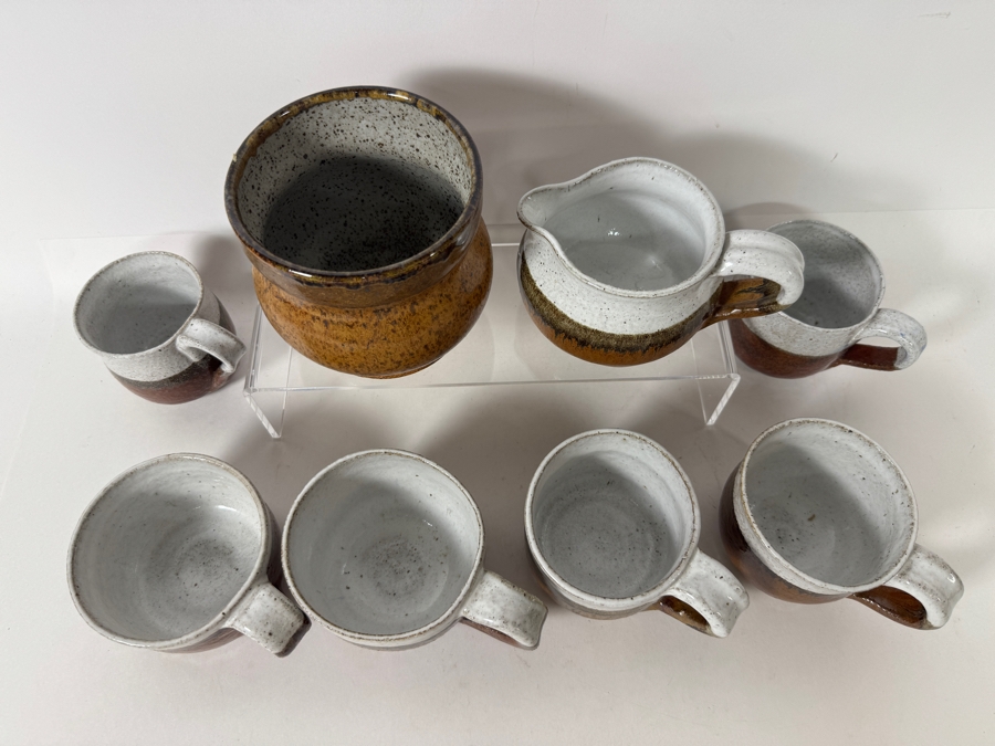 Just Added - Vintage M. De Santis Eight-Piece Hand-Thrown Stoneware Tea Coffee Set With Creamer And Bowl In Drip White Cream And Toffee Amber Glaze [Photo 3]