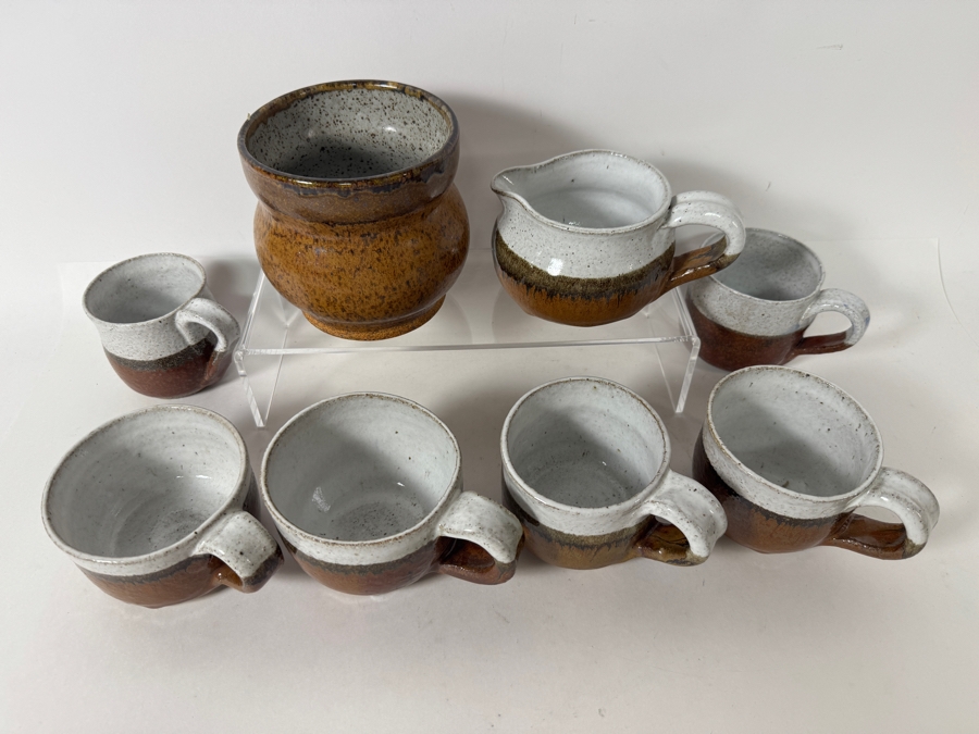 Just Added - Vintage M. De Santis Eight-Piece Hand-Thrown Stoneware Tea Coffee Set With Creamer And Bowl In Drip White Cream And Toffee Amber Glaze [Photo 2]