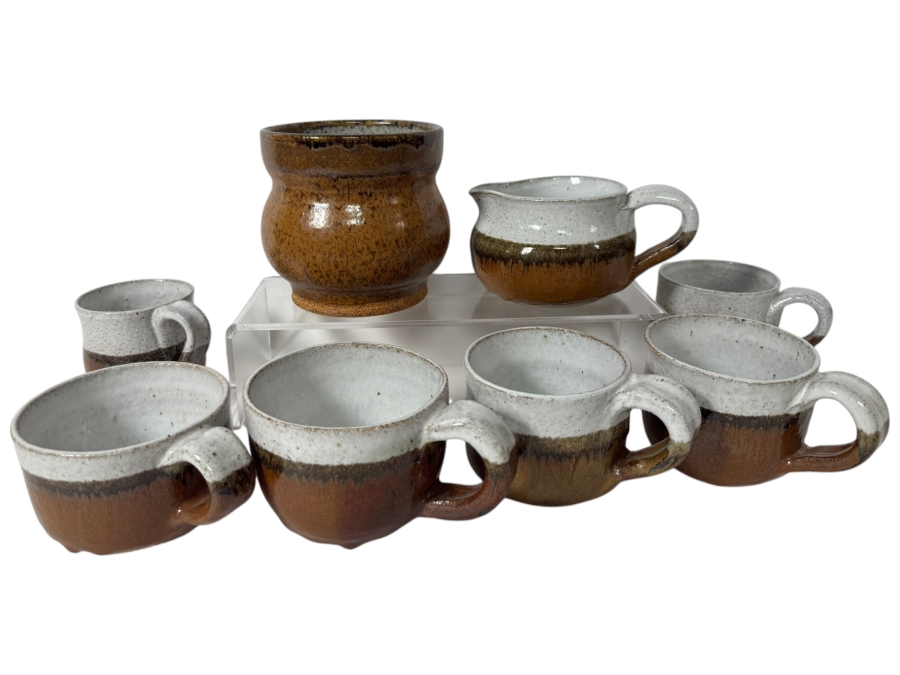 Just Added - Vintage M. De Santis Eight-Piece Hand-Thrown Stoneware Tea Coffee Set With Creamer And Bowl In Drip White Cream And Toffee Amber Glaze