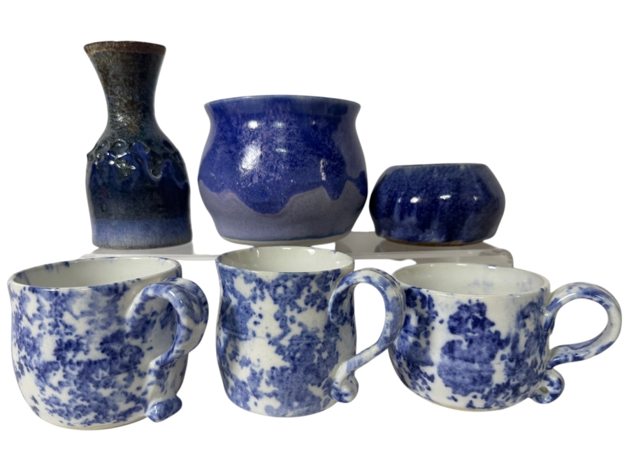 Just Added - Vintage M. De Santis Six-Piece Hand-Thrown Stoneware Coffee Set With Bud Vase Bowls In Sponged Cobalt Blue and White Glaze