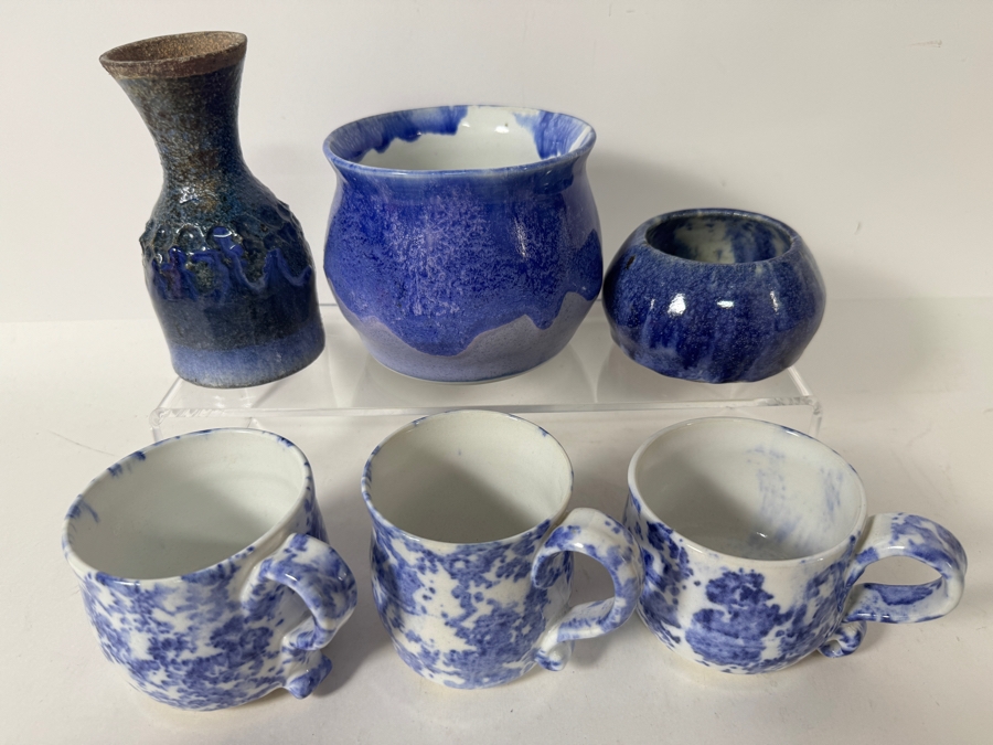Just Added - Vintage M. De Santis Six-Piece Hand-Thrown Stoneware Coffee Set With Bud Vase Bowls In Sponged Cobalt Blue and White Glaze [Photo 2]