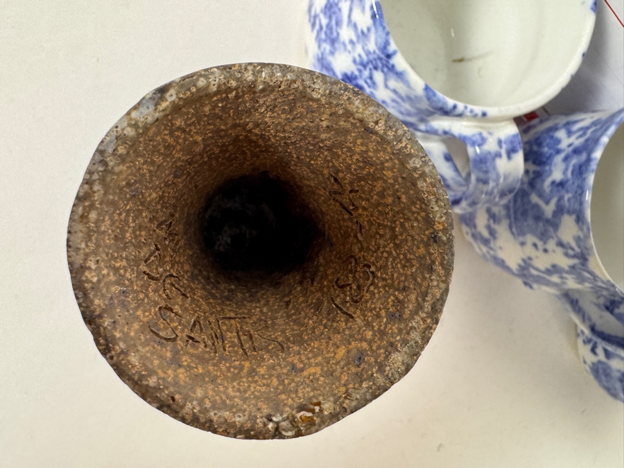 Just Added - Vintage M. De Santis Six-Piece Hand-Thrown Stoneware Coffee Set With Bud Vase Bowls In Sponged Cobalt Blue and White Glaze [Photo 7]