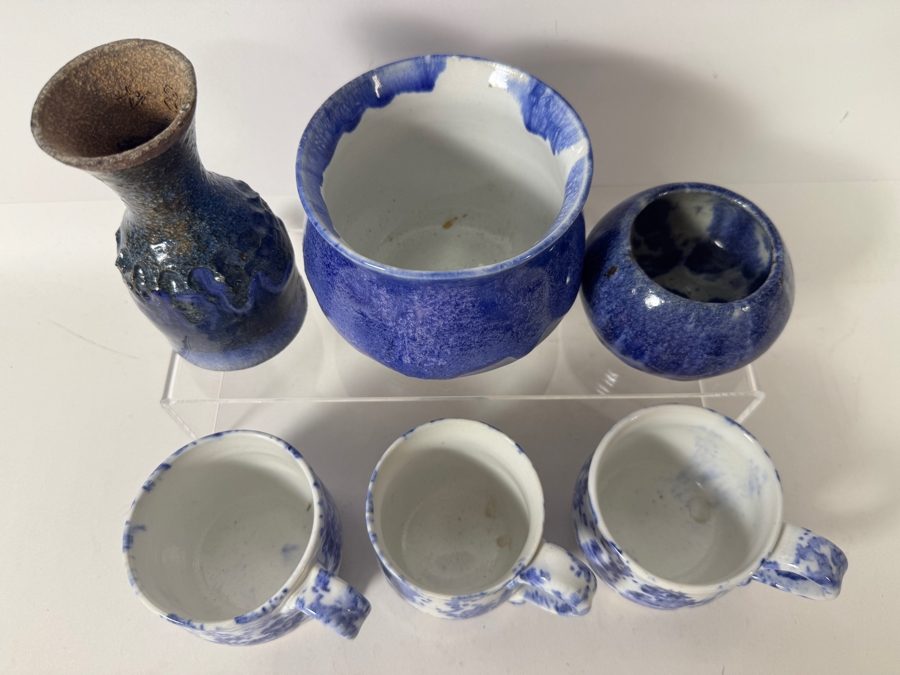 Just Added - Vintage M. De Santis Six-Piece Hand-Thrown Stoneware Coffee Set With Bud Vase Bowls In Sponged Cobalt Blue and White Glaze [Photo 3]