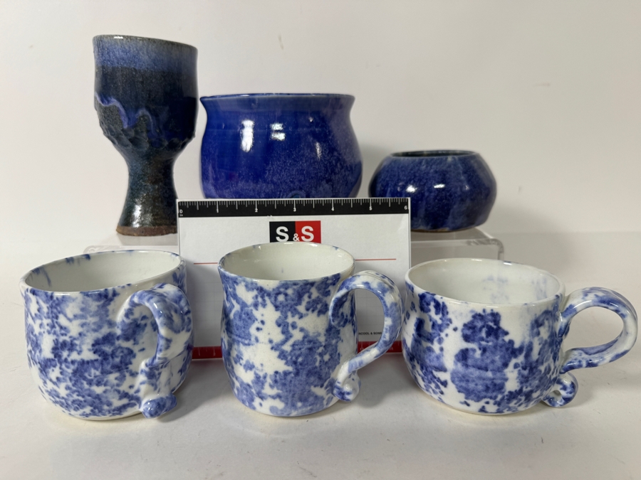Just Added - Vintage M. De Santis Six-Piece Hand-Thrown Stoneware Coffee Set With Bud Vase Bowls In Sponged Cobalt Blue and White Glaze [Photo 6]