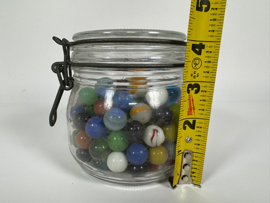 Just Added - Vintage Wire Ball Glass Canning Jar Filled With Assorted Antique And Vintage Playing Marbles Including Cat Eyes and Swirls 4'H [Photo 4]