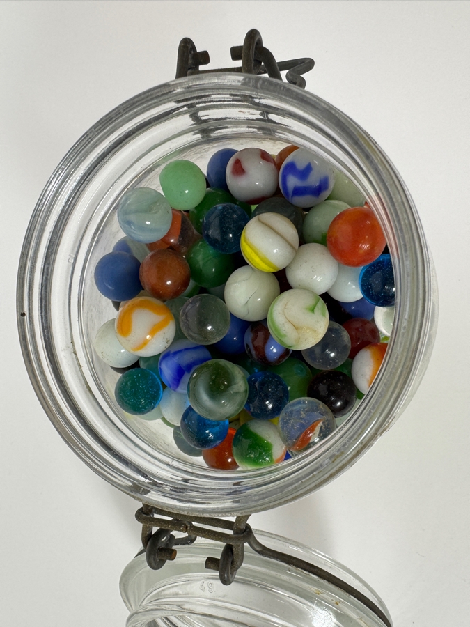 Just Added - Vintage Wire Ball Glass Canning Jar Filled With Assorted Antique And Vintage Playing Marbles Including Cat Eyes and Swirls 4'H [Photo 3]