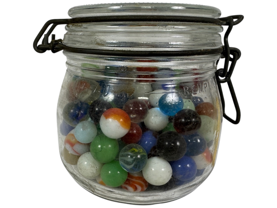 Just Added - Vintage Wire Ball Glass Canning Jar Filled With Assorted Antique And Vintage Playing Marbles Including Cat Eyes and Swirls 4'H