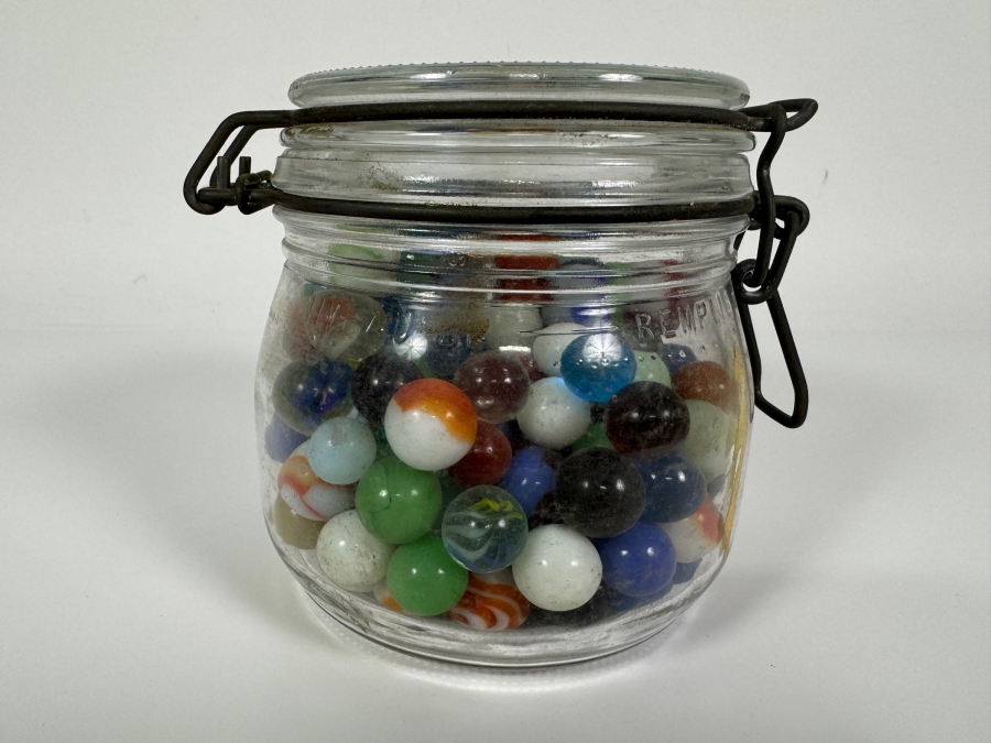 Just Added - Vintage Wire Ball Glass Canning Jar Filled With Assorted Antique And Vintage Playing Marbles Including Cat Eyes and Swirls 4'H [Photo 2]