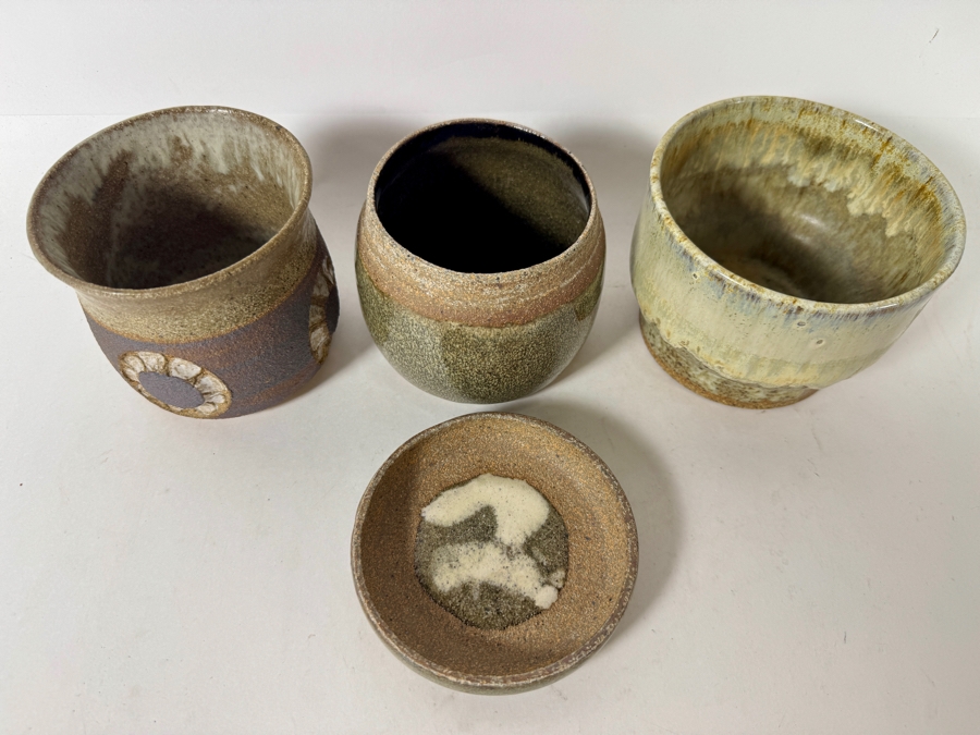 Just Added - Vintage M. De Santis Three-Piece Hand-Thrown Stoneware Vessel Group With Lidded Jar And Carved Medallion Cup In Earthy Sage And Moss Glaze [Photo 4]