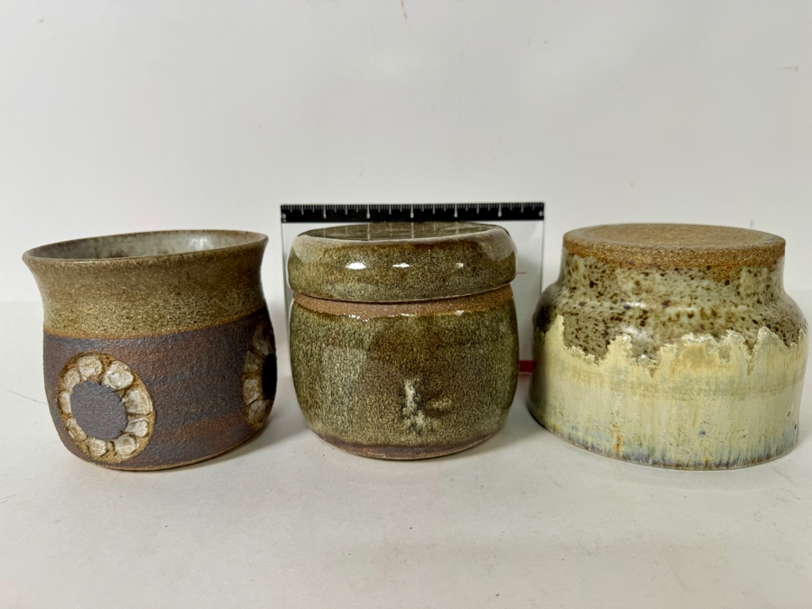 Just Added - Vintage M. De Santis Three-Piece Hand-Thrown Stoneware Vessel Group With Lidded Jar And Carved Medallion Cup In Earthy Sage And Moss Glaze [Photo 7]