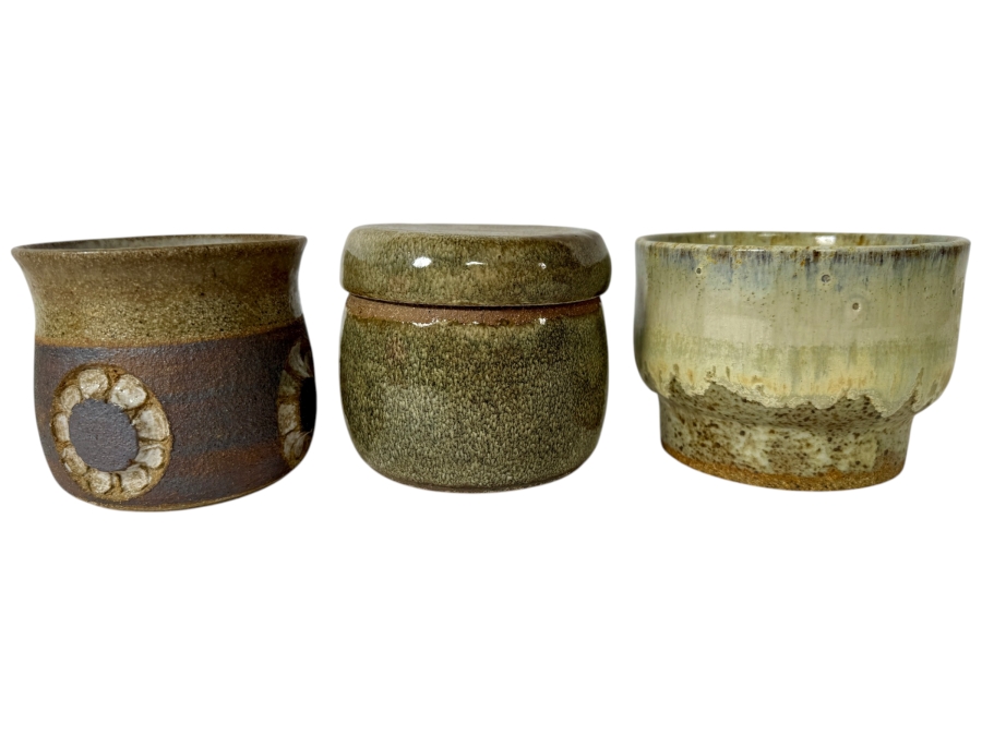 Just Added - Vintage M. De Santis Three-Piece Hand-Thrown Stoneware Vessel Group With Lidded Jar And Carved Medallion Cup In Earthy Sage And Moss Glaze
