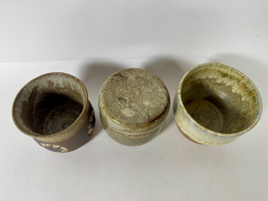 Just Added - Vintage M. De Santis Three-Piece Hand-Thrown Stoneware Vessel Group With Lidded Jar And Carved Medallion Cup In Earthy Sage And Moss Glaze [Photo 3]