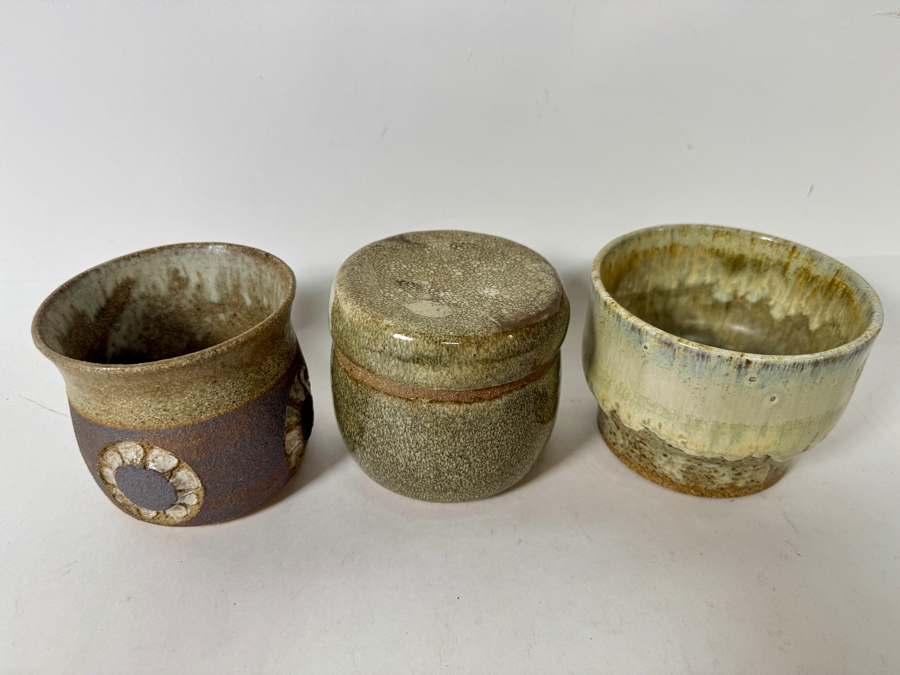 Just Added - Vintage M. De Santis Three-Piece Hand-Thrown Stoneware Vessel Group With Lidded Jar And Carved Medallion Cup In Earthy Sage And Moss Glaze [Photo 2]
