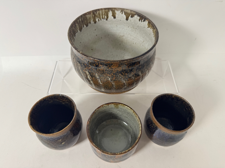Just Added - Vintage M. De Santis Four-Piece Hand-Thrown Stoneware Vessel Collection Glazed In Textured Tenmoku Iron Black And Flambé Amber Brown [Photo 3]