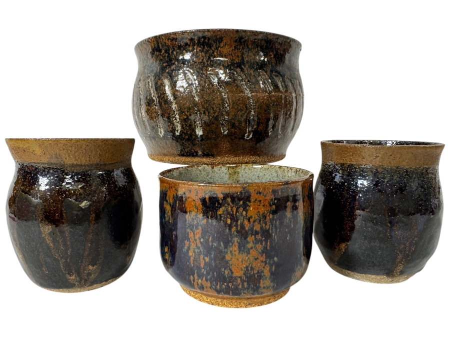 Just Added - Vintage M. De Santis Four-Piece Hand-Thrown Stoneware Vessel Collection Glazed In Textured Tenmoku Iron Black And Flambé Amber Brown