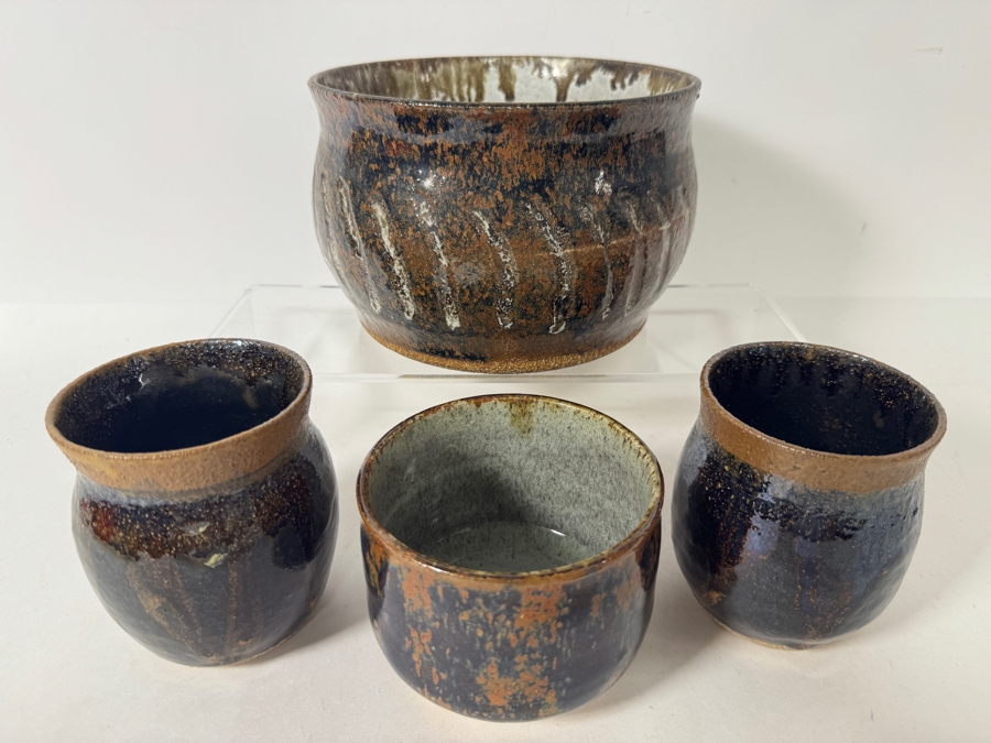 Just Added - Vintage M. De Santis Four-Piece Hand-Thrown Stoneware Vessel Collection Glazed In Textured Tenmoku Iron Black And Flambé Amber Brown [Photo 2]