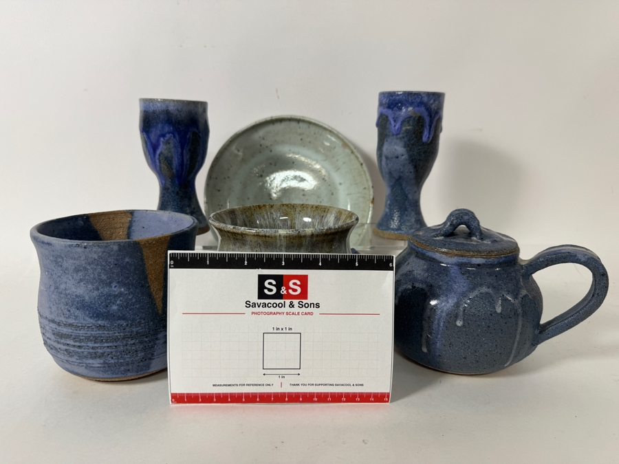 Just Added - Vintage M. De Santis Six-Piece Hand-Thrown Stoneware Tea Set With Goblets And Plate In Flambé Cobalt Indigo And Cream Drip Glaze [Photo 4]