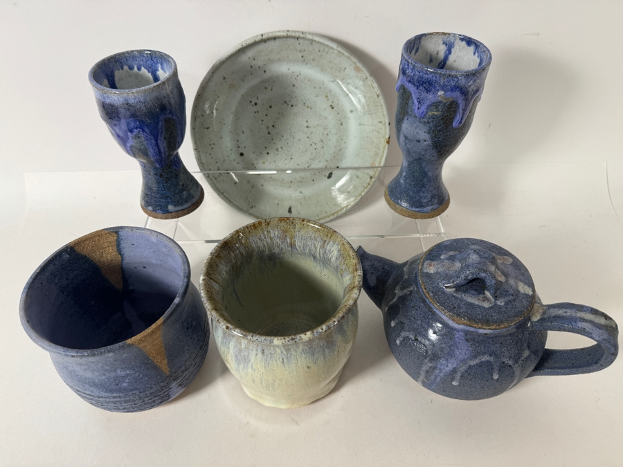 Just Added - Vintage M. De Santis Six-Piece Hand-Thrown Stoneware Tea Set With Goblets And Plate In Flambé Cobalt Indigo And Cream Drip Glaze [Photo 2]