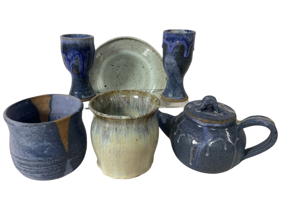 Just Added - Vintage M. De Santis Six-Piece Hand-Thrown Stoneware Tea Set With Goblets And Plate In Flambé Cobalt Indigo And Cream Drip Glaze