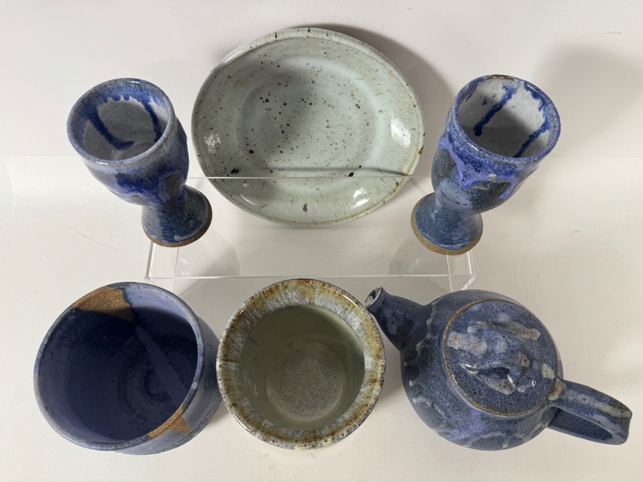 Just Added - Vintage M. De Santis Six-Piece Hand-Thrown Stoneware Tea Set With Goblets And Plate In Flambé Cobalt Indigo And Cream Drip Glaze [Photo 3]