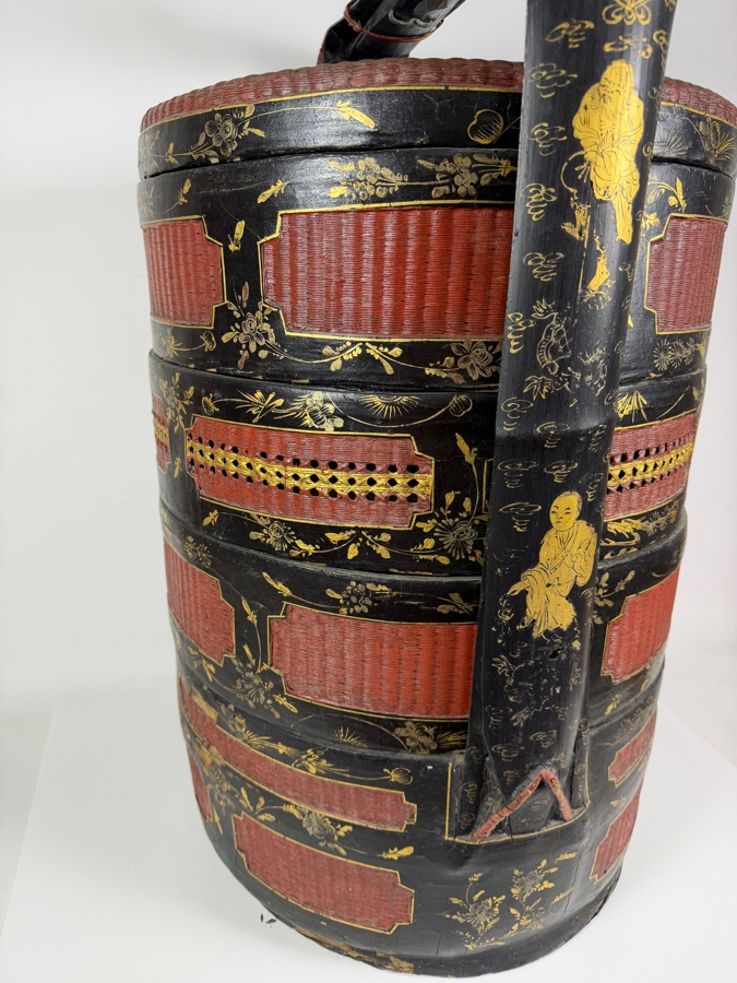 Huge Antique Chinese Four-Tiered Lacquered Wood and Woven Bamboo Wedding Basket (Bakul Siah) 19'W X 28.5'H [Photo 11]