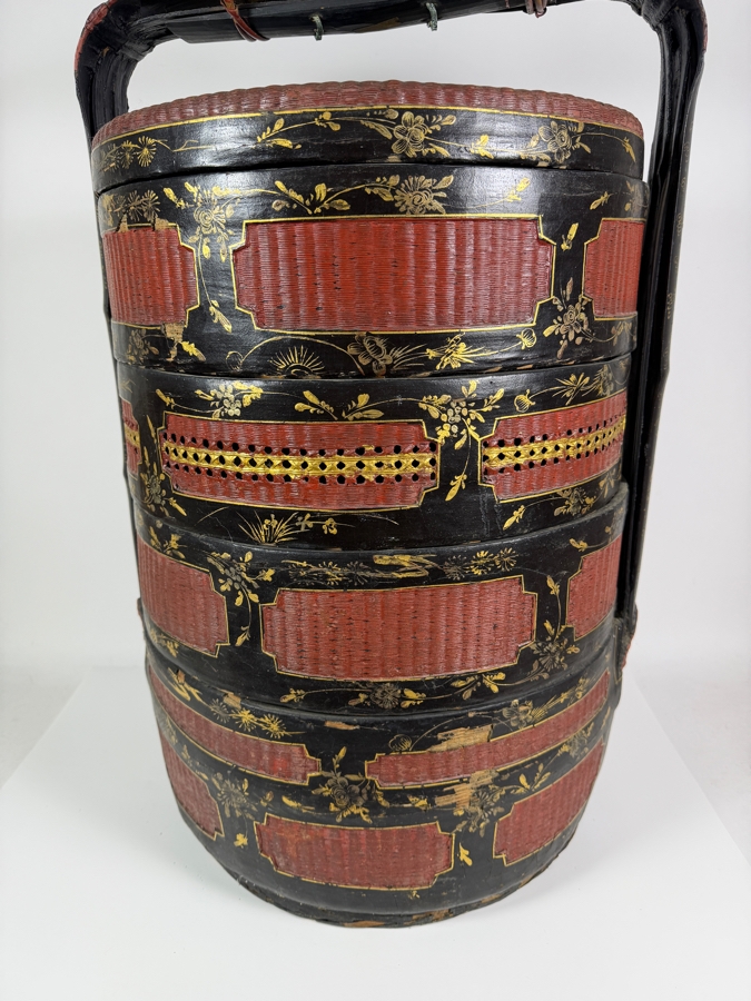 Huge Antique Chinese Four-Tiered Lacquered Wood and Woven Bamboo Wedding Basket (Bakul Siah) 19'W X 28.5'H [Photo 13]