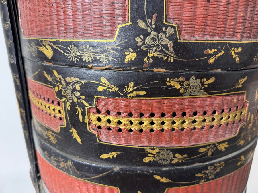 Huge Antique Chinese Four-Tiered Lacquered Wood and Woven Bamboo Wedding Basket (Bakul Siah) 19'W X 28.5'H [Photo 22]