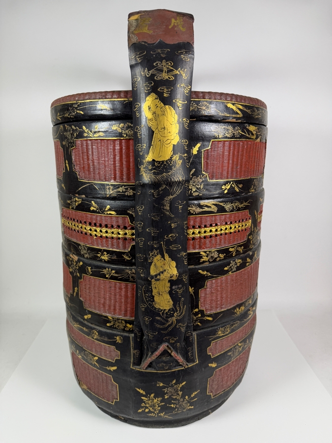Huge Antique Chinese Four-Tiered Lacquered Wood and Woven Bamboo Wedding Basket (Bakul Siah) 19'W X 28.5'H [Photo 14]