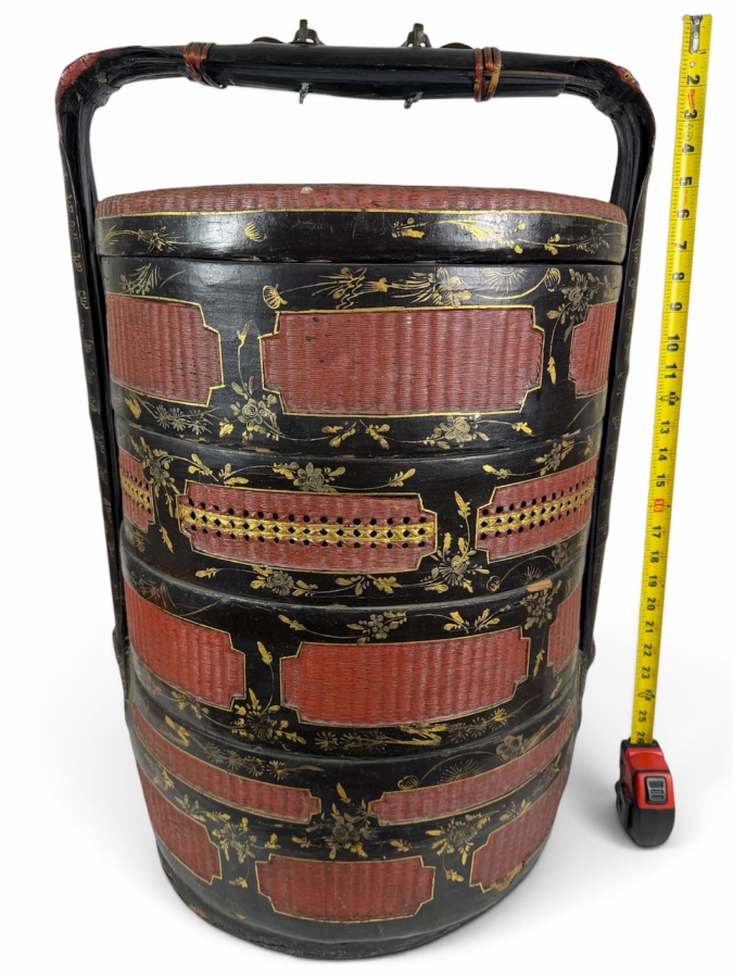 Huge Antique Chinese Four-Tiered Lacquered Wood and Woven Bamboo Wedding Basket (Bakul Siah) 19'W X 28.5'H