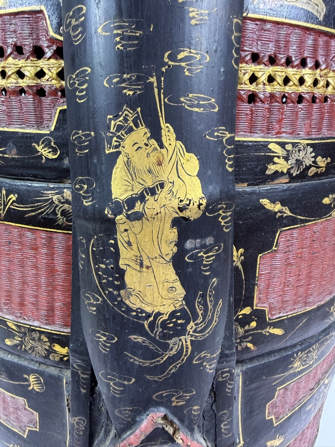 Huge Antique Chinese Four-Tiered Lacquered Wood and Woven Bamboo Wedding Basket (Bakul Siah) 19'W X 28.5'H [Photo 17]