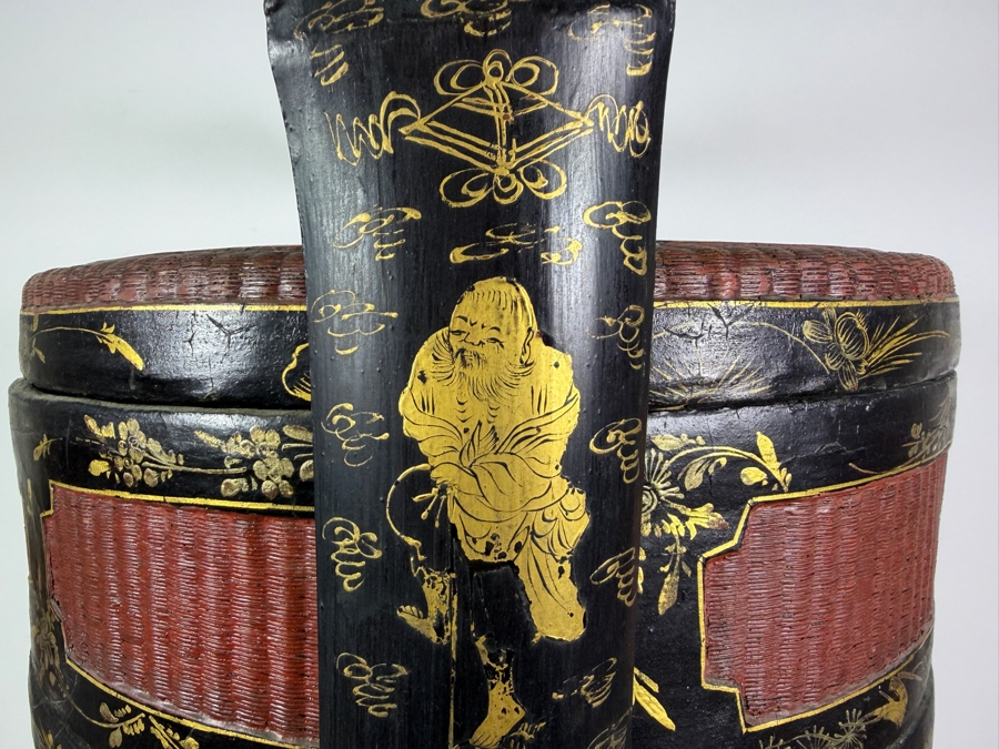 Huge Antique Chinese Four-Tiered Lacquered Wood and Woven Bamboo Wedding Basket (Bakul Siah) 19'W X 28.5'H [Photo 10]