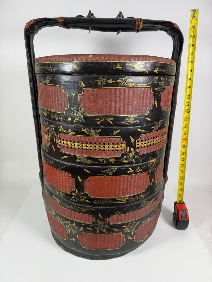 Huge Antique Chinese Four-Tiered Lacquered Wood and Woven Bamboo Wedding Basket (Bakul Siah) 19'W X 28.5'H [Photo 2]