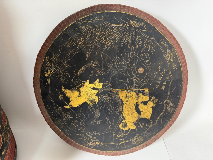 Huge Antique Chinese Four-Tiered Lacquered Wood and Woven Bamboo Wedding Basket (Bakul Siah) 19'W X 28.5'H [Photo 20]