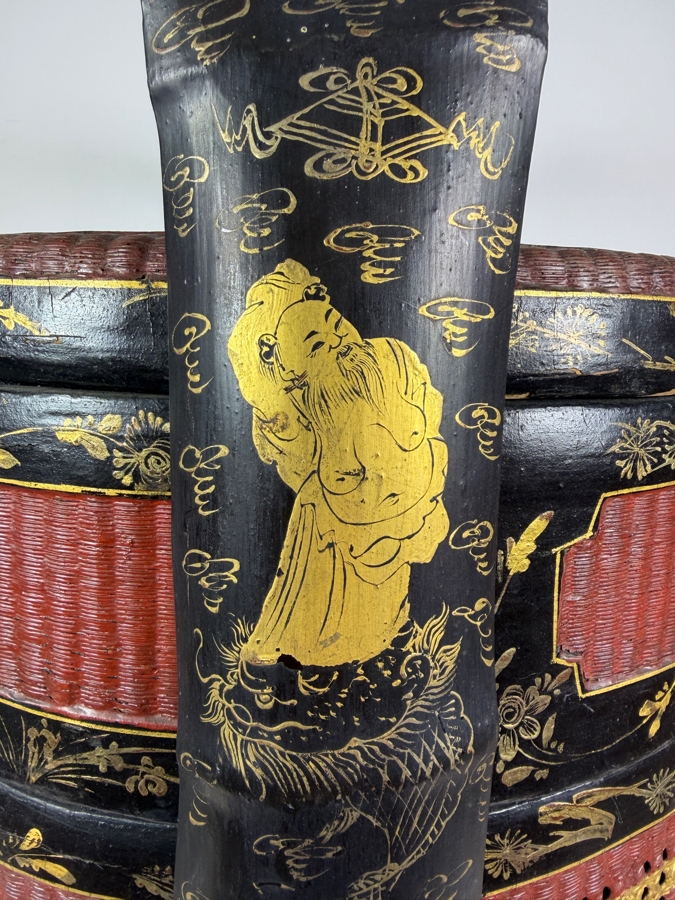 Huge Antique Chinese Four-Tiered Lacquered Wood and Woven Bamboo Wedding Basket (Bakul Siah) 19'W X 28.5'H [Photo 16]