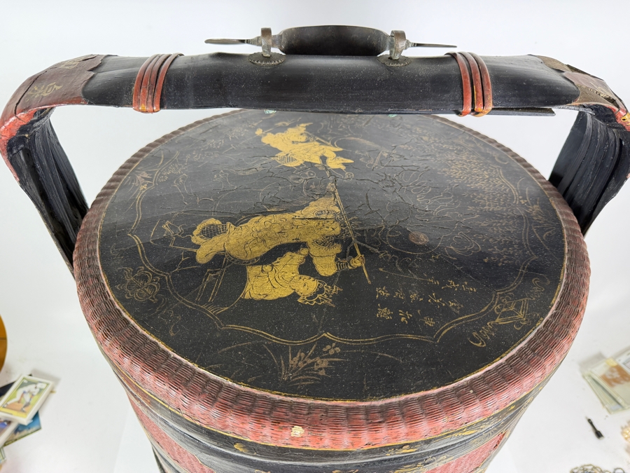 Huge Antique Chinese Four-Tiered Lacquered Wood and Woven Bamboo Wedding Basket (Bakul Siah) 19'W X 28.5'H [Photo 3]