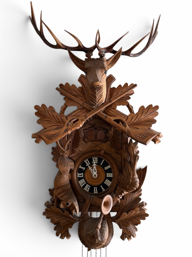 Large Vintage Black Forest Germany Wooden Hunter-Style Cuckoo Clock Working