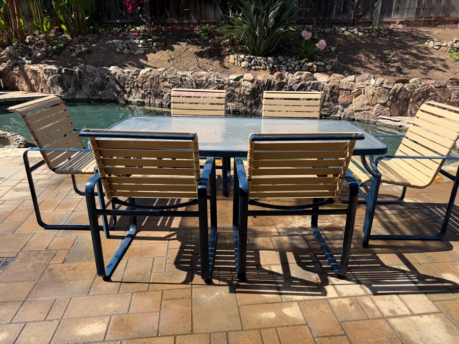Vintage Mid-Century Modern Tropitone Aluminum And Vinyl Strap Patio Dining Set With Glass Top Table and Six Chairs 72W X 40D X 26H [Photo 6]