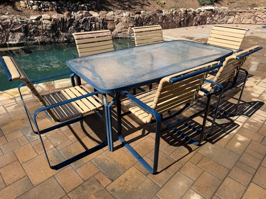 Vintage Mid-Century Modern Tropitone Aluminum And Vinyl Strap Patio Dining Set With Glass Top Table and Six Chairs 72W X 40D X 26H [Photo 2]