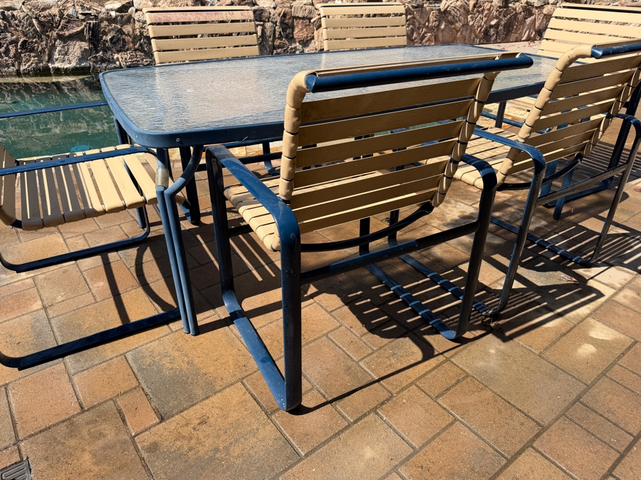 Vintage Mid-Century Modern Tropitone Aluminum And Vinyl Strap Patio Dining Set With Glass Top Table and Six Chairs 72W X 40D X 26H [Photo 3]