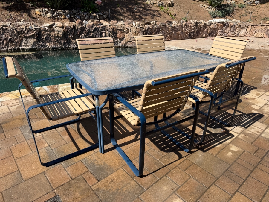 Vintage Mid-Century Modern Tropitone Aluminum And Vinyl Strap Patio Dining Set With Glass Top Table and Six Chairs 72W X 40D X 26H