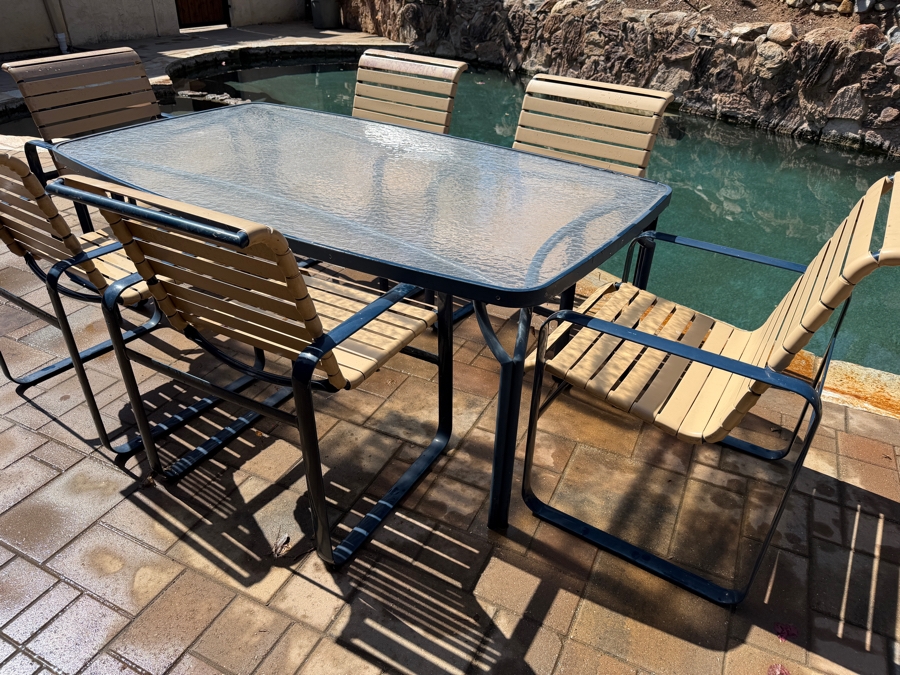 Vintage Mid-Century Modern Tropitone Aluminum And Vinyl Strap Patio Dining Set With Glass Top Table and Six Chairs 72W X 40D X 26H [Photo 7]