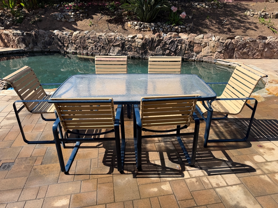 Vintage Mid-Century Modern Tropitone Aluminum And Vinyl Strap Patio Dining Set With Glass Top Table and Six Chairs 72W X 40D X 26H [Photo 5]
