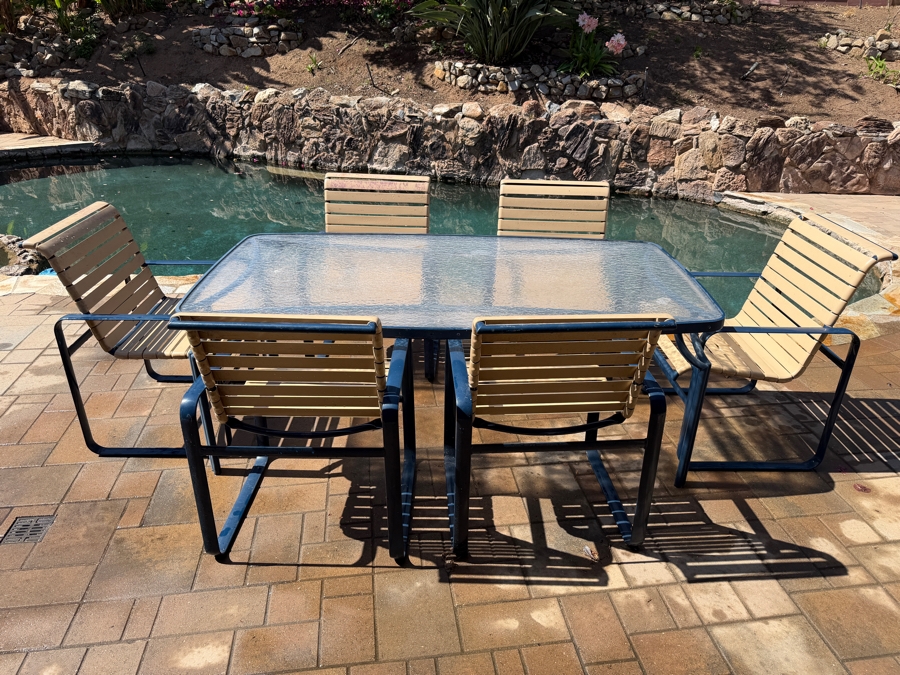 Vintage Mid-Century Modern Tropitone Aluminum And Vinyl Strap Patio Dining Set With Glass Top Table and Six Chairs 72W X 40D X 26H [Photo 4]