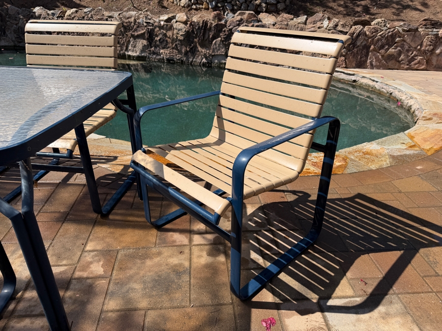 Vintage Mid-Century Modern Tropitone Aluminum And Vinyl Strap Patio Dining Set With Glass Top Table and Six Chairs 72W X 40D X 26H [Photo 8]