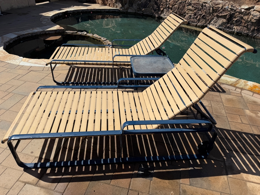 Vintage Mid-Century Modern Tropitone Aluminum And Vinyl Strap Three Piece Poolside Patio Lounge Set With Glass Top Side Table 20W X 20D X 18H [Photo 4]