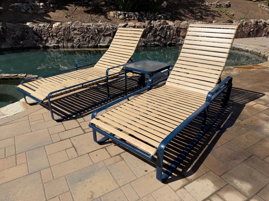Vintage Mid-Century Modern Tropitone Aluminum And Vinyl Strap Three Piece Poolside Patio Lounge Set With Glass Top Side Table 20W X 20D X 18H