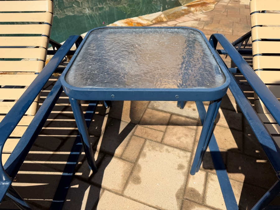 Vintage Mid-Century Modern Tropitone Aluminum And Vinyl Strap Three Piece Poolside Patio Lounge Set With Glass Top Side Table 20W X 20D X 18H [Photo 5]
