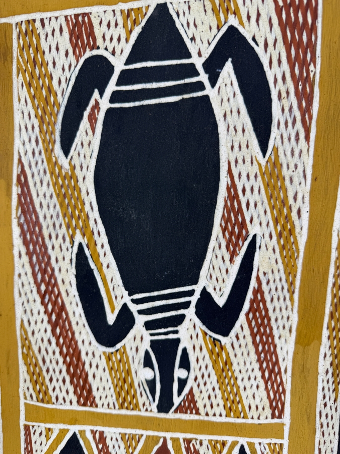 Vintage Australian Aboriginal Eucalyptus Bark Painting from the Milingimbi Birrkili Clan (Eastern Arnhem Land) Featuring Major Totems of the Birrkili Clan Painted by Artist Djimbarrdjimbarrwuy 13' X 27.5' with Provenance on Back [Photo 4]